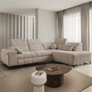 Narożnik z funkcją spania Penejos VII ciemny beżowy prawostronny stylowy narożnik z pojemnikiem na pościel wygodne regulowane zagłówki