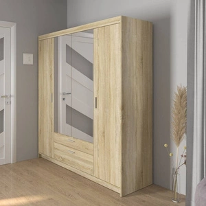 Szafa z lustrem Rene 176 cm dąb sonoma jasny nowoczesny design stylowe uchwyty w kolorze srebrnym