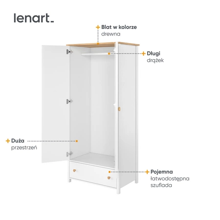 Szafa Story 85 cm biały / dąb nash elegancki design szafy z pojemną i łatwo dostępną szufladą idealny mebel do pokoju dziecięcego