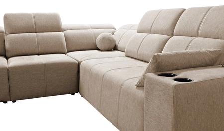 Narożnik z funkcją spania Tesalia III brązowy lewostronny komfortowy narożnik z przesuwanym oparciem dwa pojemniki na pościel