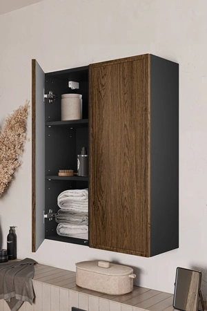 Szafka łazienkowa wisząca Talia 30 cm czarny / dąb casella klasyczny design drzwi z subtelną frezowaną ramką system push to open