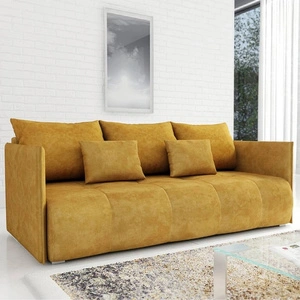 Kanapa rozkładana Selva musztardowa funkcjonalna sofa do salonu z pojemnikiem na pościel wykonana z komfortowej tkaniny typu plusz