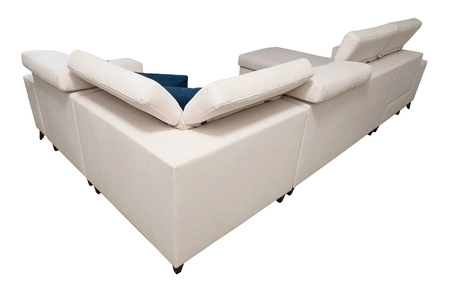 Narożnik z funkcją spania Kelly IV jasny beż lewostronny velvet komfortowy narożnik regulowane zagłówki bok wykończony lamelami