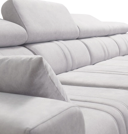 Narożnik z funkcją spania Castel XII błękitny prawostronny stylowy i wygodny narożnik do salonu funkcjonalne regulowane zagłówki