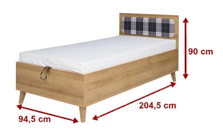 Łóżko Memone 90x200 cm dąb złoty łóżko z pojemnikiem na pościel idealne do pokoju dziecka w stylu skandynawskim tapicerowany zagłówek