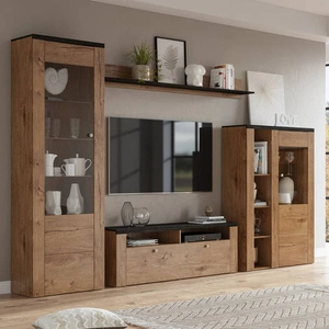 Meblościanka Larona dąb lefkas / touchwood prosta forma mebli w nowoczesnym wydaniu elementy z szkła hartowanego