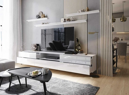 Szafka RTV wisząca Plomari 258 cm biała / biały połysk z półkami minimalistyczny design w nowoczesnej aranżacji pojemne szuflady