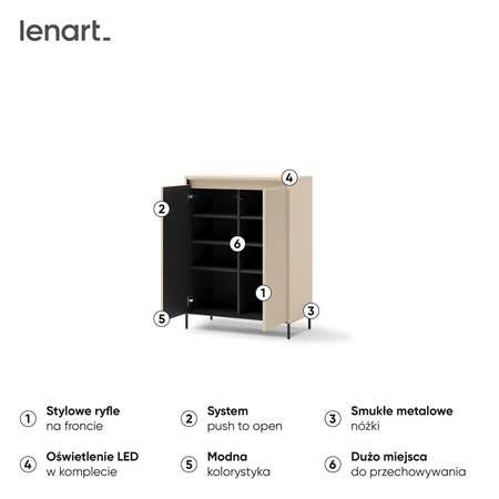 Komoda Trend 78 cm beżowa elegancka i stylowa komoda o wyjątkowym charakterze gustowne ryflowane fronty z oświetleniem LED