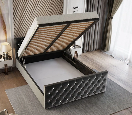 Łóżko tapicerowane Uberaba 180x200 szare z pojemnikiem w nowoczesnym skandynawskim stylu z pikowanym wezgłowiem i zanóżkiem z kryształkami