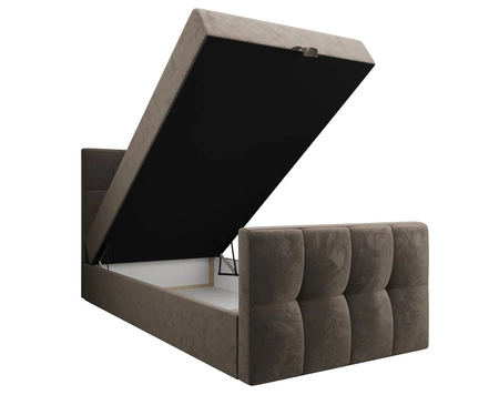 Łóżko kontynentalne Manhattan 100x200 jasny brąz w nowoczesnym skandynawskim stylu z tapicerowanym zagłówkiem i zanóżkiem łóżko z pojemnikiem