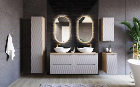 Szafka pod umywalkę Ocean 60 cm dąb olejowany / beżowy poziome ryflowania w kształcie fal podkreślają designerski styl szafki