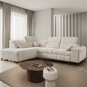 Narożnik z funkcją spania Penejos VII kremowy lewostronny stylowy narożnik z pojemnikiem na pościel wygodne regulowane zagłówki