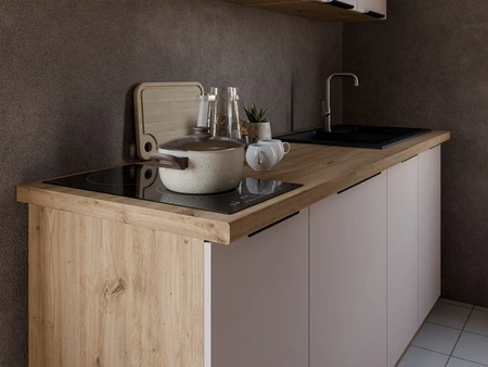 Zestaw mebli kuchennych Soela 180 cm eleganckie szafki kuchenne o subtelnej i naturalnej kolorystyce idealny zestaw do małej kuchni