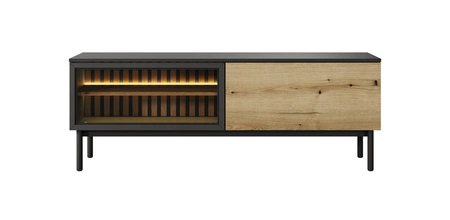 Zestaw mebli Clovis czarny / dąb evoke nietuzinkowy design system push to open przeszklone fronty lamele we wnętrzu meblościanki