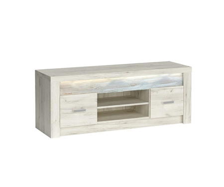 Szafka RTV Indiana 137 cm kraft biały elegancka stylistyka szafki pod telewizor ozdobna deska na froncie szafki oświetlona LED