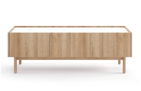 Szafka RTV Boho 144 cm dąb riviera / marmur bianco niebanalny design dekoracyjny blat w marmurowym dekorze uniwersalne połączenie kolorów