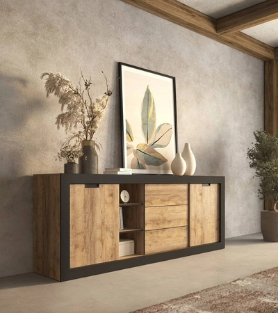 Komoda z szufladami Tudor 220 cm dąb samdal / czarny  z drzwiami przesuwnymi idealna do wnętrz w stylu industrialnym bezuchwytowy system push to open