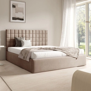 Łóżko tapicerowane Graso 140x200 beżowe nowoczesne i eleganckie łóżko gustowny symetryczny wzór na wezgłowiu pojemnik na pościel