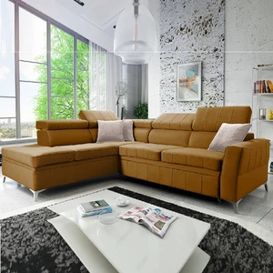 Narożnik z funkcją spania Rava III miodowy lewostronny velvet komfortowy narożnik z regulowanymi zagłówkami i pojemnikiem na pościel