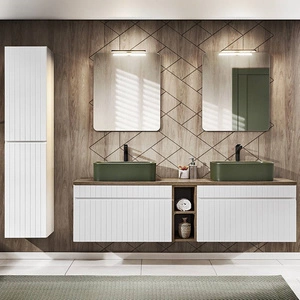 Zestaw mebli łazienkowych Iconic biały / dąb vintage zestaw mebli z szafkami pod umywalki nablatowe odporne na działanie wilgoci