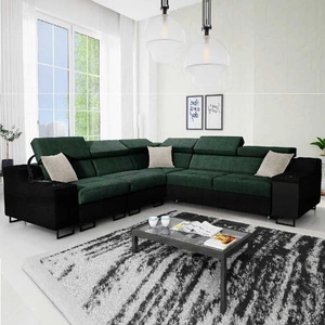 Narożnik z funkcją spania Alcamo III zielony / czarny lewostronny funkcjonalny narożnik z szufladą w boczku dwa pojemniki na pościel