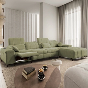 Narożnik z funkcją spania Penejos XII Lux oliwkowy prawostronny stylowy narożnik rozkładany z komfortowym wysuwanym podnóżkiem