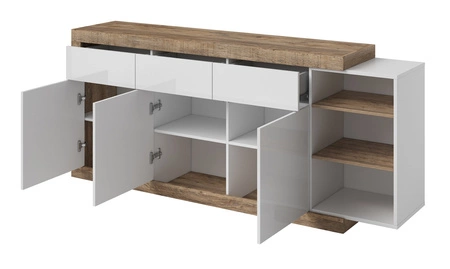 Komoda z szufladami Sintra 200 cm dąb samdal / biały połysk funkcjonalna idealna do wnętrz w stylu nowoczesnym i skandynawskim