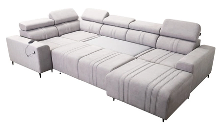 Narożnik z funkcją spania Castel IV beżowy prawostronny stylowy narożnik z pojemnikami na pościel i regulowanymi zagłówkami