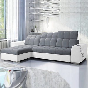 Narożnik z funkcją spania Luigi szary / biały lewostronny narożnik z dwoma pojemnikami na pościel tkanina o ciekawej strukturze