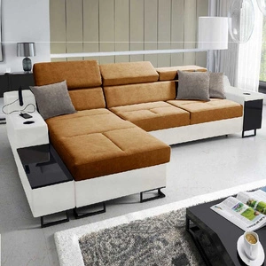 Narożnik z funkcją spania Alcamo miodowy / biały lewostronny elegancki i stylowy narożnik z dostawką praktyczna szuflada w boczku mebla