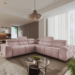 Narożnik z funkcją spania Castel III różowy prawostronny narożnik z dwoma pojemnikami na pościel regulowane zagłówki