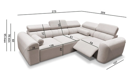 Narożnik z funkcją spania Cantare II Lux łososiowy prawostronny komfortowy narożnik do salonu z podnoszonym podnóżkiem miękka tkanina