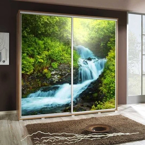 Szafa przesuwna Artistino 205 cm z grafiką wodospad korpus szafy w kolorze dąb catania wykonany z płyty o grubości 22mm