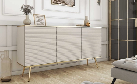 Komoda Luxury 160 cm beżowa elegancki design stylowe ryflowane fronty korpus komody zwieńczony złotą listwą złote metalowe nogi