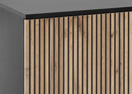 Komoda Amma 104 cm czarny / dąb wotan nietuzinkowy design ryflowane i przeszklone fronty komody z systemem push to open