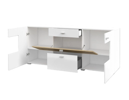 Komoda z szufladami Coby 165 cm biała / biały połysk / dąb wotan nowoczesny design idealna komoda do salonu sypialni lub biura srebrne uchwyty