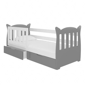 Łóżko Lena 75x160 cm szary / biały komfortowe łóżko z materacem do pokoju dziecięcego wyposażone w barierkę ochronną i szuflady