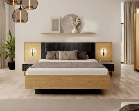 Łóżko Baltic 160x200 cm z pojemnikiem na pościel dąb baltic / czarny komfortowe łóżko do sypialni częściowo tapicerowany zagłówek