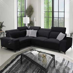 Narożnik z funkcją spania Kelly Sleek II czarny lewostronny elegancki narożnik do salonu wykonany z wytrzymałej plecionej tkaniny
