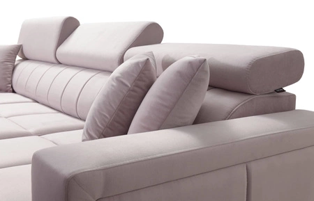 Narożnik z funkcją spania Nausa szary prawostronny velvet stylowy komfortowy narożnik regulowane zagłówki pojemnik na pościel