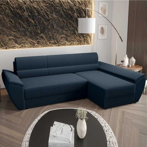Narożnik z funkcją spania Fogu III niebieski prawostronny stylowy narożnik z podłokietnikami i pojemnikiem na pościel sztruksowa tkanina