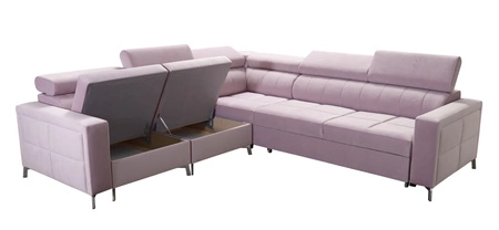 Narożnik z funkcją spania Nausa IV butelkowa zieleń lewostronny velvet dekoracyjne przeszycia narożnik z pojemnikami na pościel