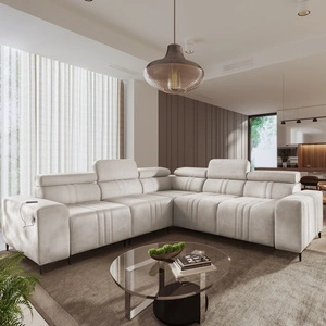 Narożnik z funkcją spania Castel III beżowy lewostronny narożnik z dwoma pojemnikami na pościel regulowane zagłówki