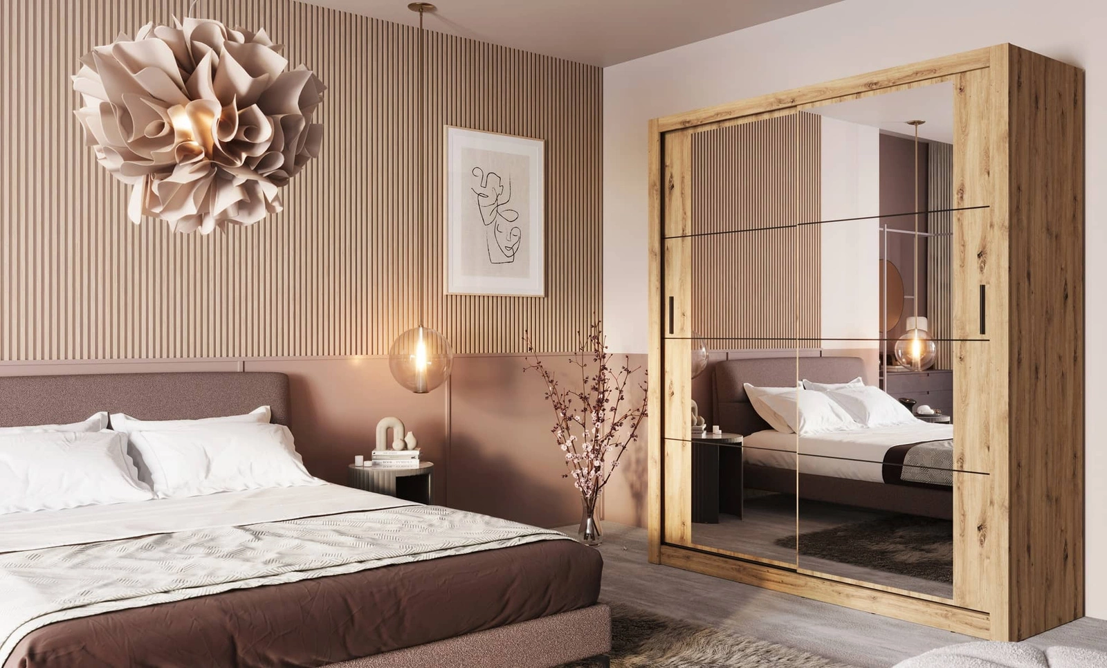 Szafa z lustrem do sypialni Arti w kolorze dąb artisan Szafa do garderoby Szafa przesuwna z lustrem