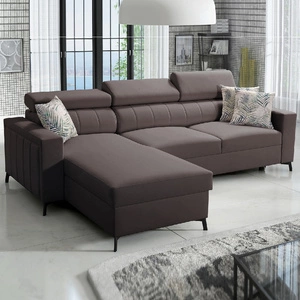 Narożnik z funkcją spania Savona brązowy lewostronny wygodny i elegancki narożnik z regulowanymi zagłówkami dekoracyjne przeszycia