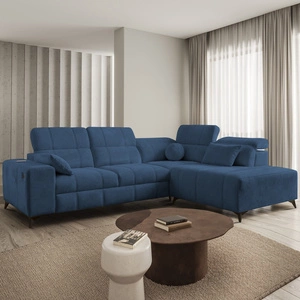 Narożnik z funkcją spania Penejos VII niebieski prawostronny stylowy narożnik z pojemnikiem na pościel wygodne regulowane zagłówki