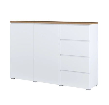 Komoda z szufladami Modo 150 cm biała / dąb mauvella w nowoczesnym wydaniu doskonała propozycja do salonu lub sypialni subtelnie frezowany uchwyt