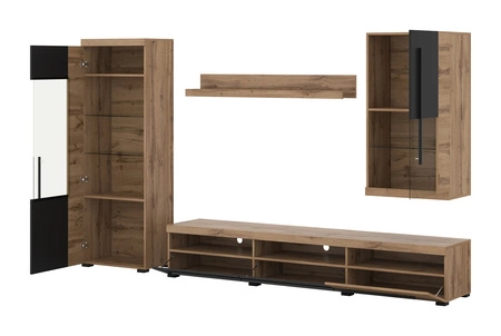 Meblościanka Roger dąb wotan / czarny elegancka stylistyka mebli wzbogacona o stylowe czarne dodatki idealna meblościanka do salonu