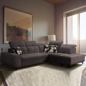 Narożnik z funkcją spania Buffalo VII brązowy prawostronny stylowy narożnik rozkładany z pojemnikami na pościel welurowa tkanina