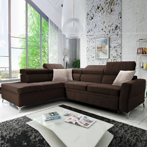 Narożnik z funkcją spania Rava III brązowy lewostronny velvet komfortowy narożnik z regulowanymi zagłówkami i pojemnikiem na pościel